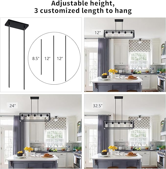 Espird Farmhouse Dining Room Light Fixture - 5 Light Matte Black Rectangle Light Fixture with Adjustable Height & Thickened Metal Dining Table Fixture Chandeliers for Dining Room&Kitchen Island