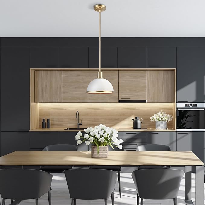 Globe Electric 60824 1-Light Pendant Light Fixture, Matte White, Brass Accents, Adjustable Hanging Height, Sloped or Vaulted Ceiling, Modern Lights for Kitchen Island, Hallway, or Dining Room