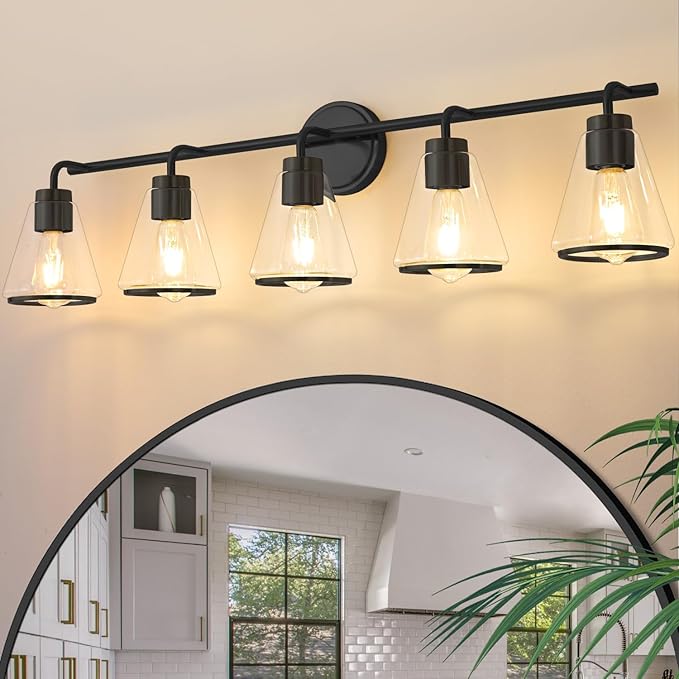 Bathroom Vanity Light 5 Light, Modern Vanity Lighting Fixture for Bathroom, 38.5" Vanity Lights with Clear Glass Shade, Black Bath-Room Wall Light Over Mirror, Wall Sconces for Bath