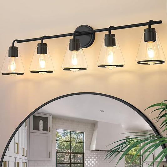 Bathroom Vanity Light 5 Light, Modern Vanity Lighting Fixture for Bathroom, 38.5" Vanity Lights with Clear Glass Shade, Black Bath-Room Wall Light Over Mirror, Wall Sconces for Bath