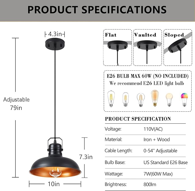 Industrial Pendant Light, 10.5 Inch Farmhouse Small Black and Gold Chandelier, Vintage Hanging Light Fixture with 71'' Height Adjustable Cord for Kitchen Island, Dining Room, Bedroom - 2 Pack