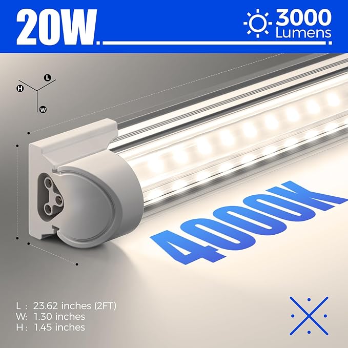 Barrina 2FT LED Shop Light, 4000K 20W 3000LM, Clear Cover Linkable Tube Lights, V Shape Integrated T8 LED Lighting, Ceiling Lights for Garage, Warehouse, Workshop, ETL Listed, 2 Packs