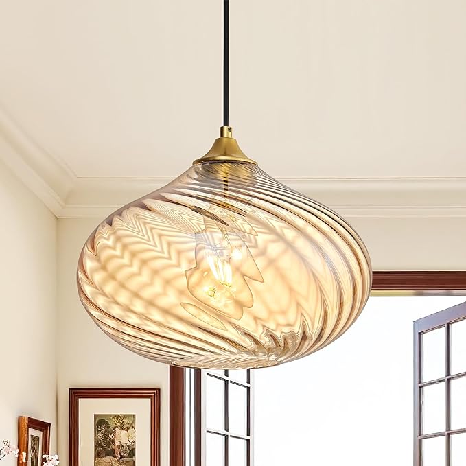 Glass Pendant Lights Kitchen Island, 11'' Gold Pendant Lighting Fixtures, Modern Hanging Ceiling Light with Striped Amber Glass Shade for Farmhouse Dining Room Bedroom Hallway(1 Pack)