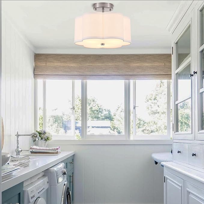 Modern Drum Semi Flush Mount Ceiling Light Fixture Modern 3-Lights Linen Drum Ceiling Lighting with Chrome Finish, Vintage Modern Ceiling Light for Laundry Room, Kitchen, Basement, Bedroom