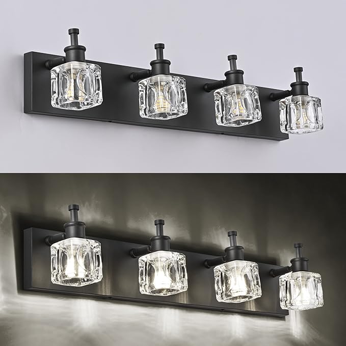 PRESDE Modern Crystal Vanity Light for Bathroom Light Fixtures Over Mirror Matte Black 4 Light Bathroom Lighting