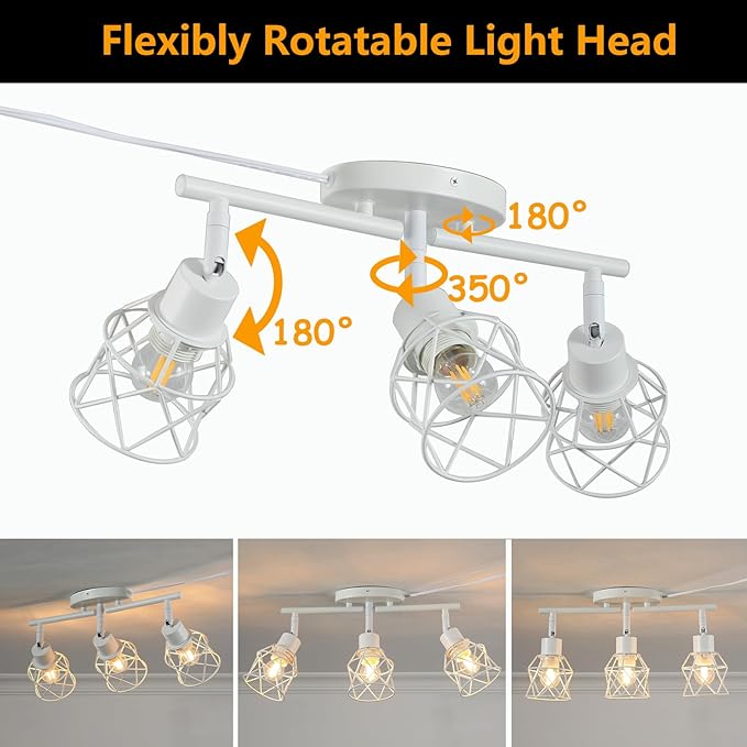 Dimmable White Plug in Track Lighting Kit,3 Light Plug in Ceiling Light with 16.5' Cord,Flexibly Rotatable Light Head,Modern Industrial Farmhouse Style(Bulbs Not Included)
