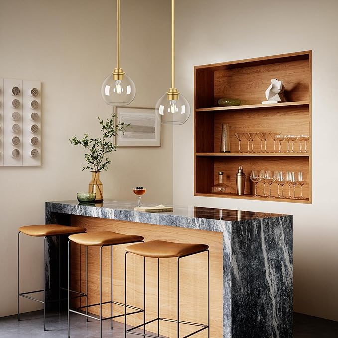 Gold Pendant Light Fixtures 2 Pack, Globe Pendant Lights with Clear Glass Shade,Pendant Lights Kitchen Island, Kitchen Pendant Lighting Over Island, Hanging Lights for Kitchen Island