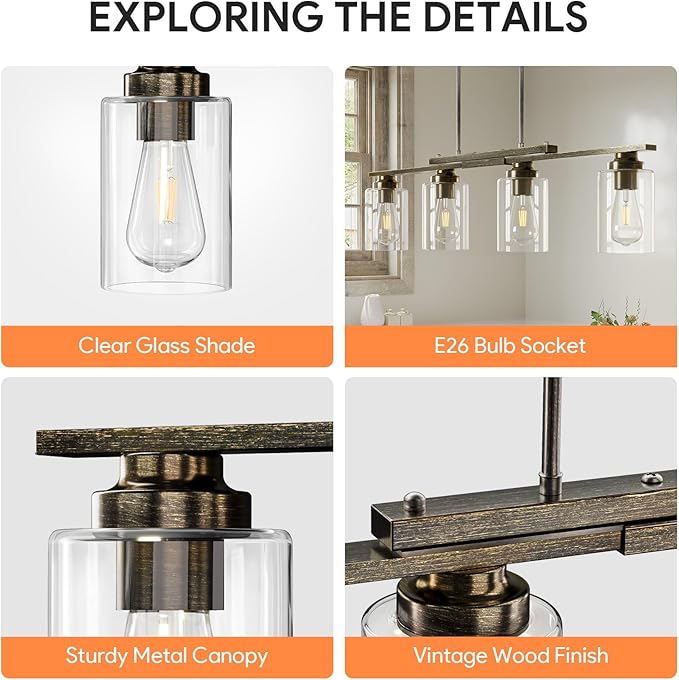 VONLUCE Kitchen Island Lighting, Dining Room Light Fixture Over Table with Glass Shade