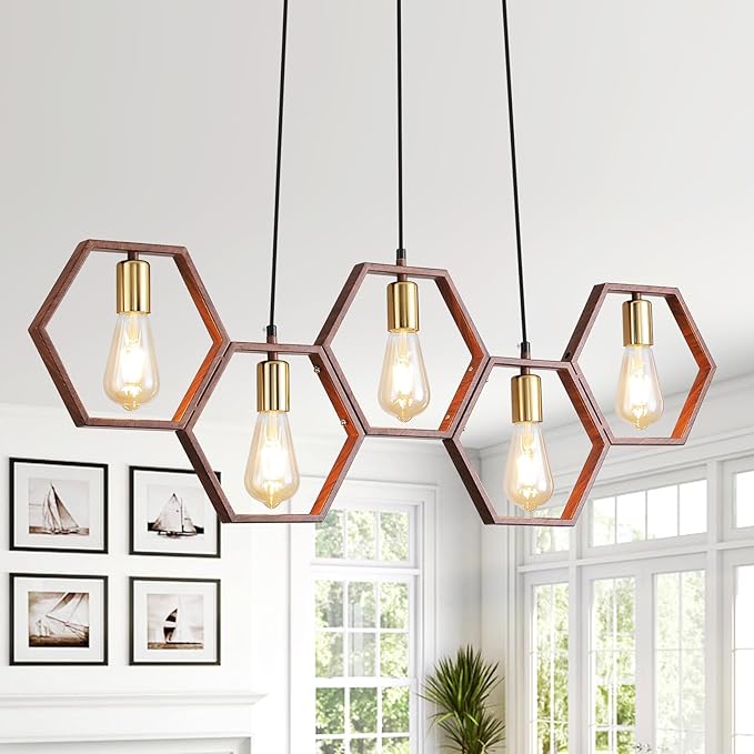 Farmhouse Kitchen Island Light Fixtures,5-Light Dining Room Light Fixtures Over Table, Industrial Pendant Lights Linear Chandeliers for Dining Room Kitchen Island