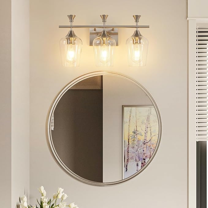 Bathroom Light Fixtures (3-Light, 19 Inch), Brushed Nickel Vanity Lights for Bathroom with Clear Wine Glass Glass Shade, Modern Vanity Wall Lights for Mirror Bedroom Living Room Kitchen Hallway Porch