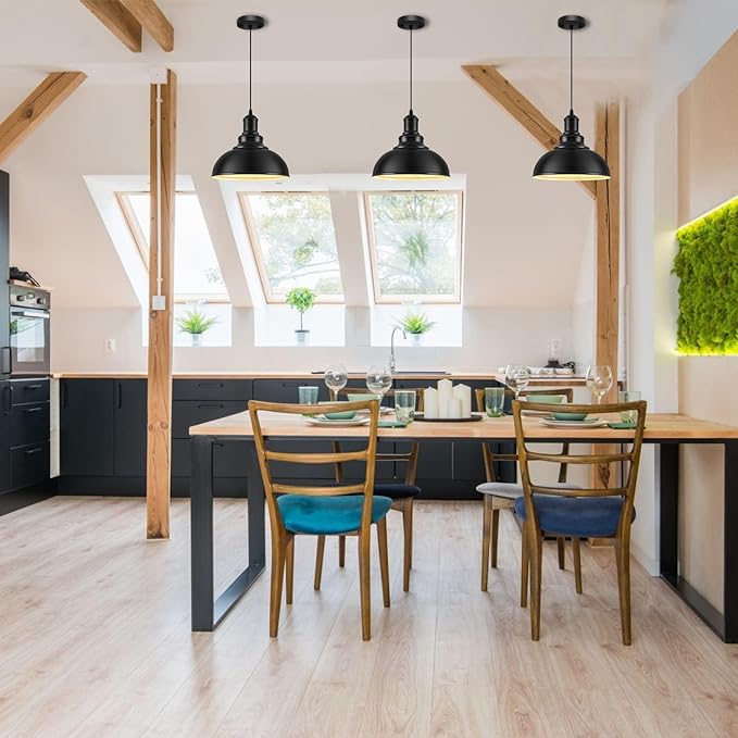 3PCS Matte Black Pendant Lights, Farmhouse Pendant Lamp with Metal Shade (White Inside), Industrial Pendant Lighting for Kitchen Island, Dining Room, Bedroom, Hallway