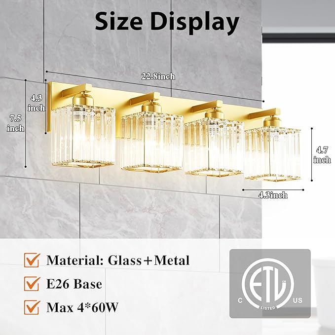 Bathroom Vanity Light Fixtures Over Mirror 4 Crystal Lights - Makeup Lighting Pure Gold - for Modern Wall, Bath, Desk, Farmhouse, Hallway