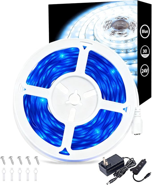 Blue 30ft Led Lights Strip Indoor Rope Lights Easy DIY Cuttable Strip Lights for Fish Tank Bar Room Bathroom Living Room Kitchen Ceiling Wall Vanity Mirror Decor