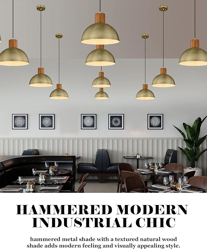 ELYONA 2 Pack Hammered Pendant Lights 12” Vintage Metal & Wood Dome Hanging Lamp Antique Gold Industrial Kitchen Pendant Light Fixtures for Island, Farmhouse, Dining Room, Sink, Hallway, Brushed Brass