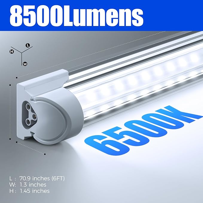 Barrina T8 LED Shop Light 6FT 60W 8500LM 6500K, Clear Cover, Garage LED Lights Ceiling, V-Shape LED Light Fixture, Work Shop LED Lights for Garage, Warehouse, Basement, ETL Listed, 10 Packs