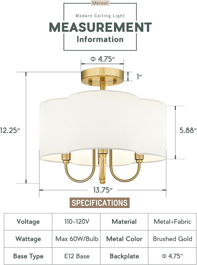 Gold Semi Flush Mount Ceiling Light, 13.5" 4-Light Light Fixtures Ceiling Mount with Beige Fabric Shade in Quatrefoil for Kitchen Nursery Entryway Hallway Bedroom, E12 Base, SM179-BG-B