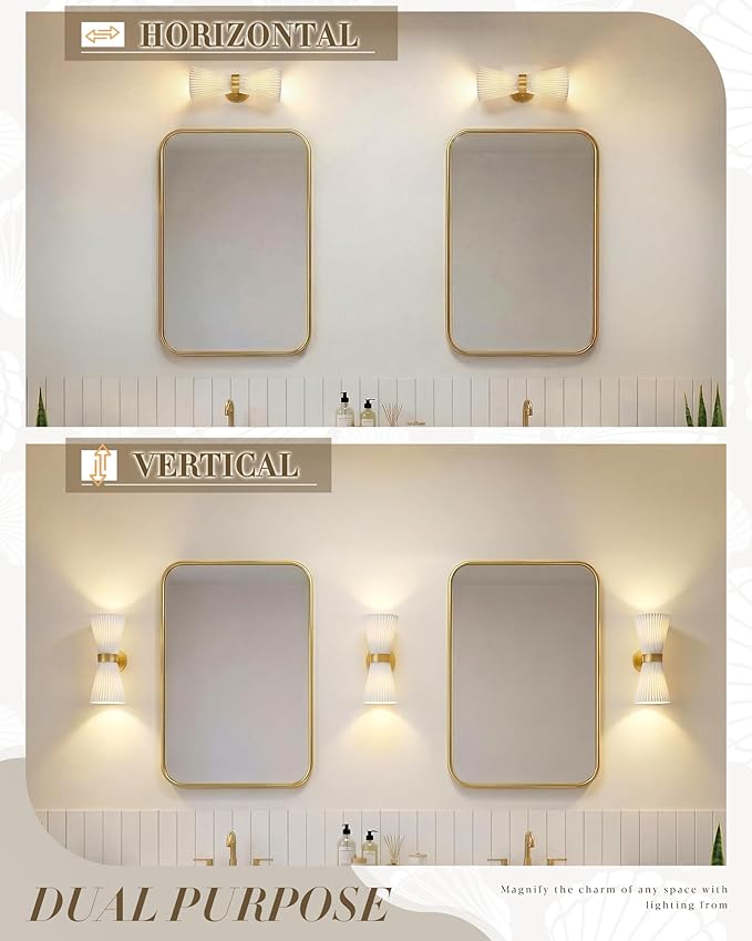 Wall Sconces Set of Two, HWH 14.3 Inch Gold Bathroom Light Fixtures with Milk White Striped Fabric Shade, Modern Wall Light fixtures for Living Room Bedroom, 5HZG97B-2W-2PK BG-FB