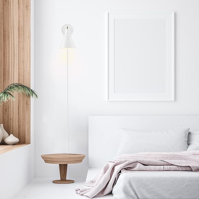 Globe Electric 65542 1-Light Plug-in or Hardwire Wall Sconce, Matte White, Brass Accent, Stepless Dimming Rotary Switch, Fabric Cord, Modern Lighting for Apartment or Renters, Home Decor