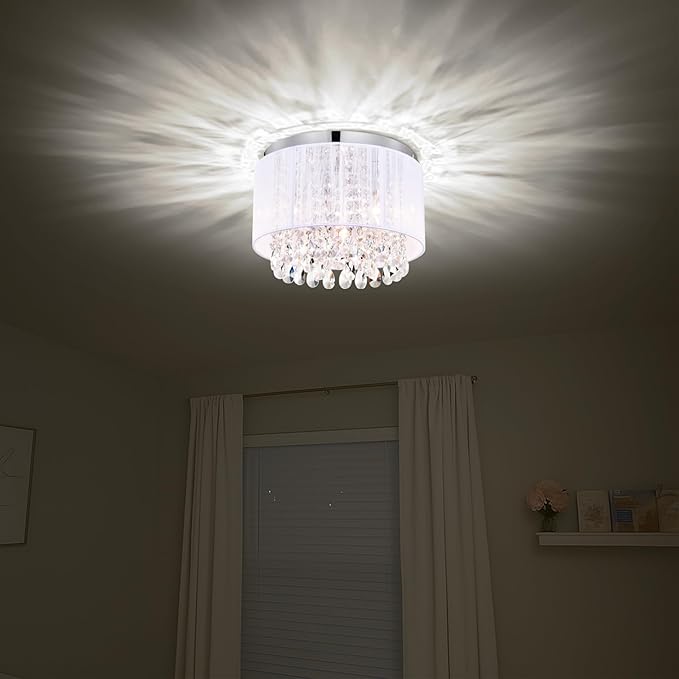 Large White Crystal Chandelier Flush Mount, 4-Light Handmade Cotton Shade Ceiling Light with Premium Crystal Droplets, Chrome Canopy Bedroom Chandelier for Girls Room, Nursery, Closet, Stairwell