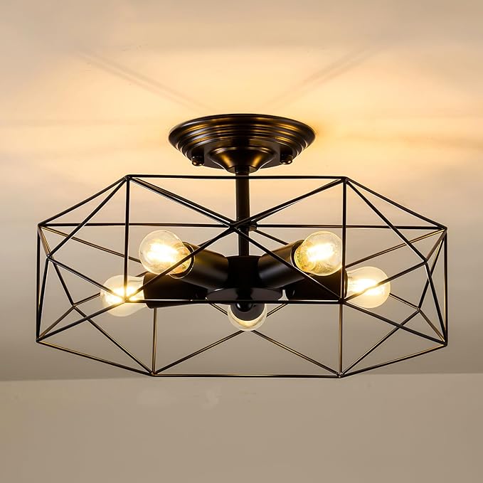 5-Light Farmhouse Semi Flush Mount Ceiling Light Fixture, Modern Black Ceiling Light, Industrial Close to Ceiling Light with Metal Hexagon Cage Ceiling Lamp for Kitchen, Hallway, Bathroom，closet