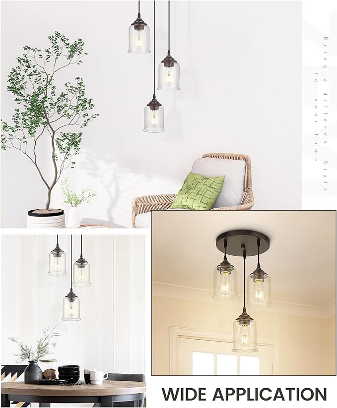 zeyu 3-Light Cluster Pendant Light, Farmhouse Hanging Lights for Kitchen, Oil Rubbed Bronze Pendant Light Fixtures Adjustable with Clear Glass Shade, ZSL104-3 ORB