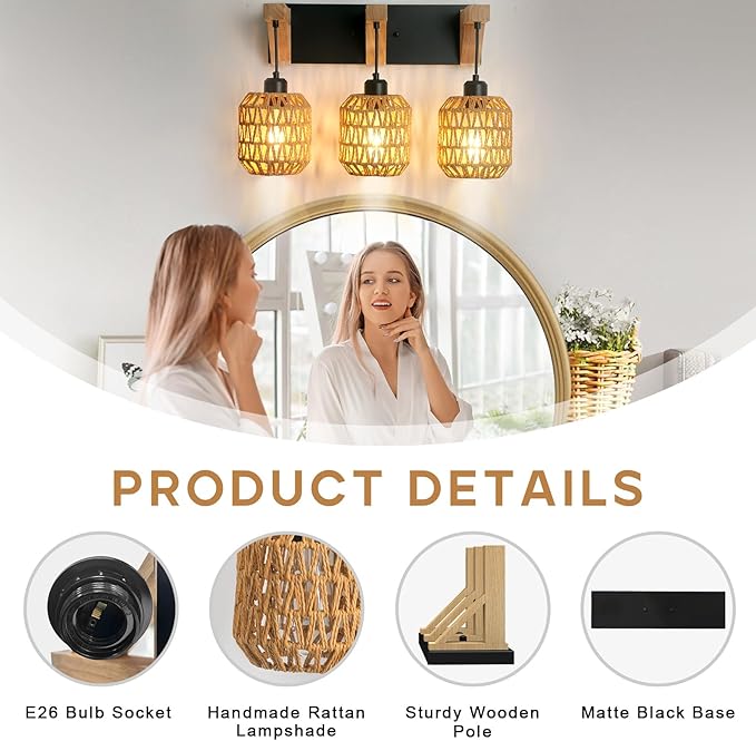 3-Light Bathroom Vanity Light Fixtures, Rustic Style Rattan Bathroom Wall Sconce with Handmade Bamboo Woven Boho Wicker Lampshade, Farmhouse Wooden Bracket, Suit for Stairway Bedroom and Hallway