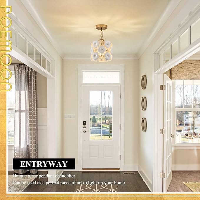 Gold Glass Pendant Light with White Ceramic Flowers, 1-Pack Luxury Small Ceiling Pendant Light Fixture 1-Light for Kitchen Island Sink Dining Room Entryway Hallway, E26
