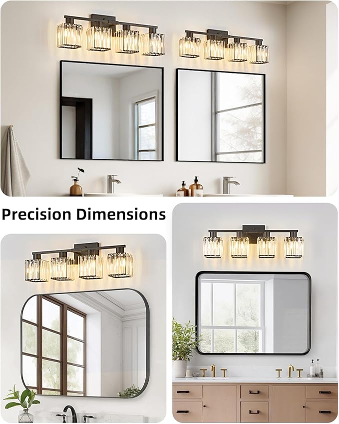 OKELI 4-Light Bathroom Light Fixtures, Modern Black Crystal Wall Light for Bathroom,Lighting Fixtures Over Mirror