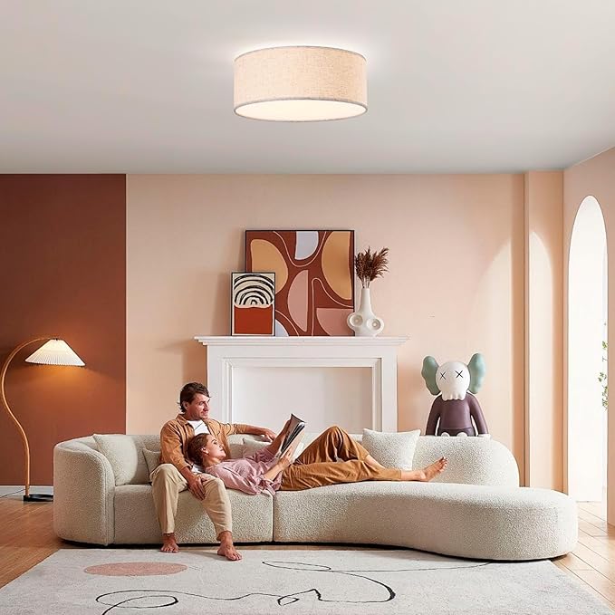 15.7-inch Modern Ceiling Light with Natural Linen Shade, Three-Light recessed Drum Fixture, UL-Certified for bedrooms, Kitchens, Living Rooms, hallways, and porches.