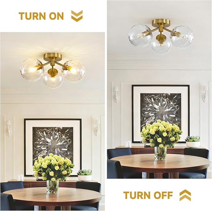 Gold Globe Semi Flush Mount Ceiling Light Mid Century Modern Globe Hammered Clear Glass Ceiling Light Fixture Linear Sputnik Brushed Brass Chandelier for Bedroom Living Room Entryway Dining Room