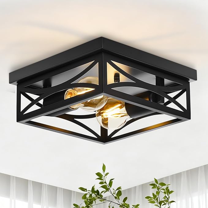 Ceiling Light, Farmhouse Flush Mount Ceiling Light, 2-Light Light fixtures Ceiling Mount, Modern Square Black Light Fixture, Kitchen Lighting Fixtures Ceiling,Bedroom,Balcony