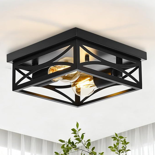 Ceiling Light, Farmhouse Flush Mount Ceiling Light, 2-Light Light fixtures Ceiling Mount, Modern Square Black Light Fixture, Kitchen Lighting Fixtures Ceiling,Bedroom,Balcony