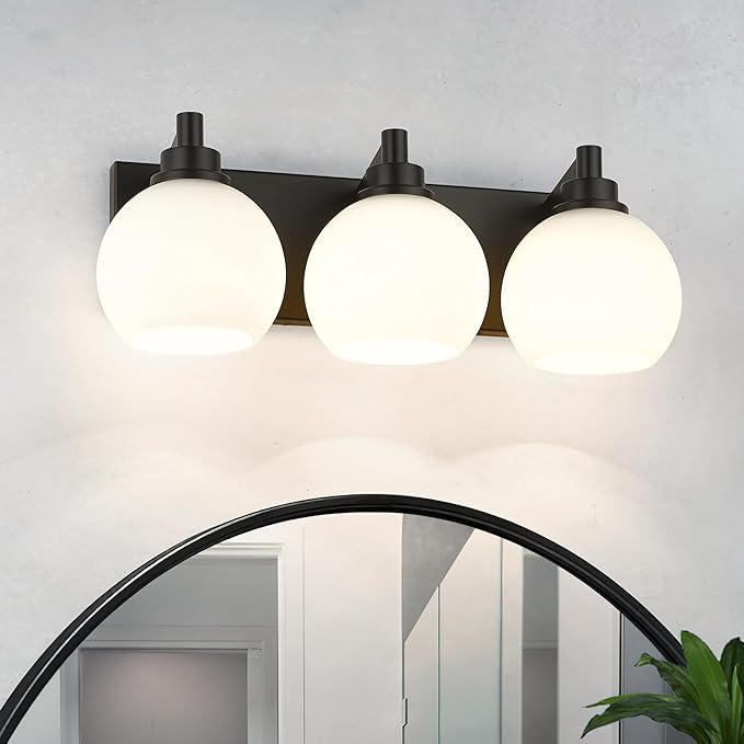 Bathroom Light Fixtures, 3-Light Matte Black Vanity Light, Modern Wall Sconces with Milk White Globe Glass Shade, Vanity Lighting Fixtures Over Mirror, VL195-MB-ML-3