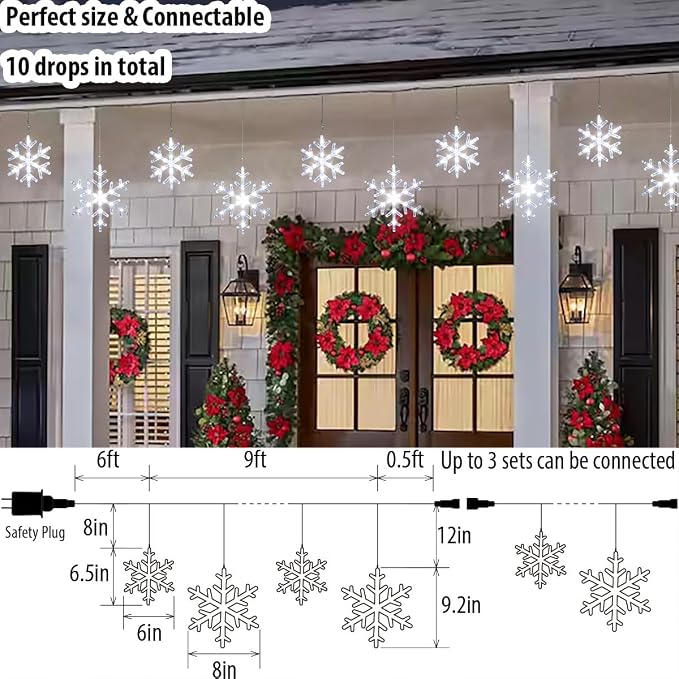 Christmas Snowflake Lights with 10 Drops, 9ft 150 LED Twinkling Cool White Icicle Christmas Lights, Waterproof Connectable Hanging for Indoor Outdoor Eaves Window Curtain Porch Xmas Décoration