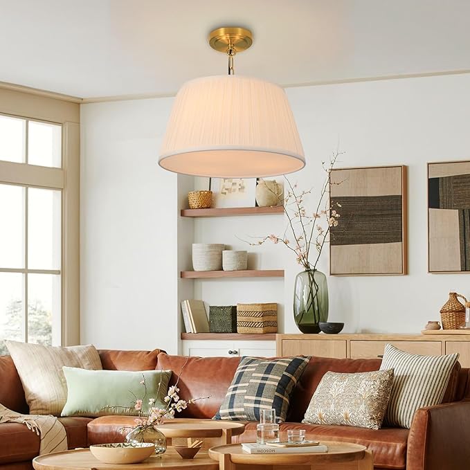 Electro bp; 15”Dia White Pleated Fabric Drum Shade Ceiling Light Fixture Farmhouse Brocade Linen Cone Shape Close to Semi-Flush Mount,Polished Gold,3 Sockets,E26,180W,Large;