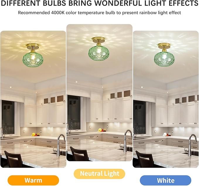 Green Glass Semi Flush Mount Ceiling Light - 2 Pack,7.9 Inch Hammered Glass Hallway Light fixtures Ceiling, Vintage Gold Art Deco Ceiling Light for entryway Foyer Laundry Room Kitchen