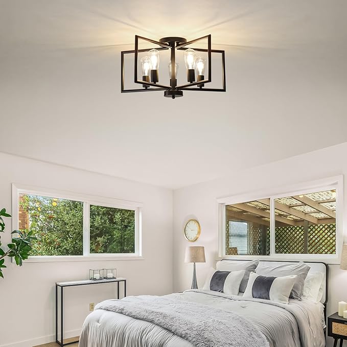 5-Light Black Semi-Flush Mount Ceiling Chandeliers, Geometric Five-Pointed Star Shape Industrial Metal Lighting Fixture for Foyer Entryway Hallway Living Room Modern Farmhouse Kitchen Island