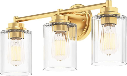 GETINLIGHT Inlight 20" Wide 3-Light Gold Bathroom Vanity Light with Clear Ribbed Glass Shade, Bulb Not Included, IN-0444-3-GD