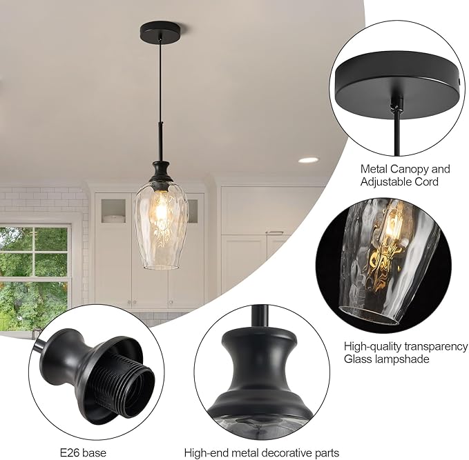 Modern Kitchen Pendant Lights,1-Light Black Pendant Light Fixtures with Hand-Blown Clear Glass Light Fixture for Kitchen Island Sink Dining Room Bedroom Hallway, E26 Bulb Not Includes
