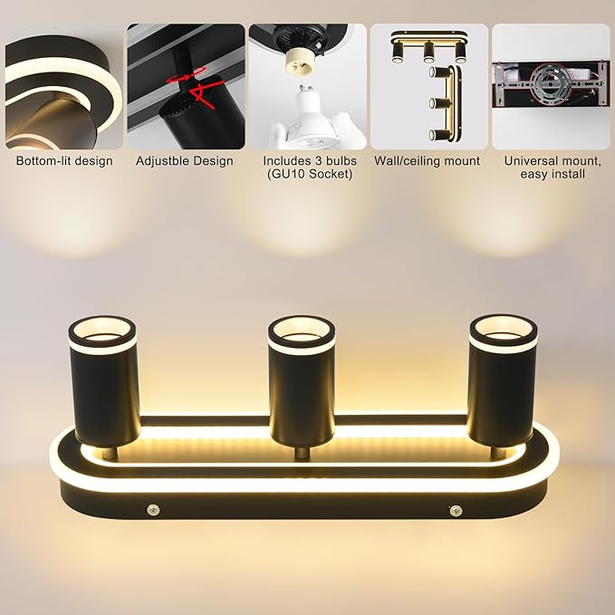 LED 3 Light Track Lighting Spotlight Kit, Black Ceiling Spotlights, Modern Track Light Fixture with Flexibly Rotatable Light Heads, 35W+15W Dual Lighting for Kitchen Living Room,Includes 3 x GU10 Bulb