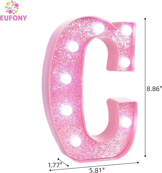 Pink Marquee Light Up Letters, Glitter Alphabet LED Letter Lights for Pink Birthday Party Decorations, Battery Operated Letter Sign for Girls Room Vanity Table Decor, Cool White Lights Letter C