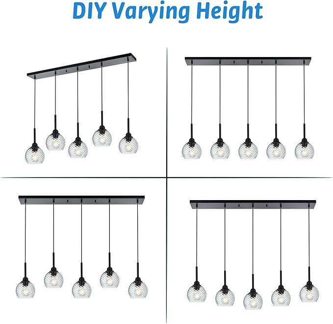 5 Light Kitchen Pendant Lighting Over Island with Striped Swirl Globe Glass, Black Blown Glass Pendant Light Hanging Ceiling Lamp Contemporary Chandelier for Dining Room Bar Living Room