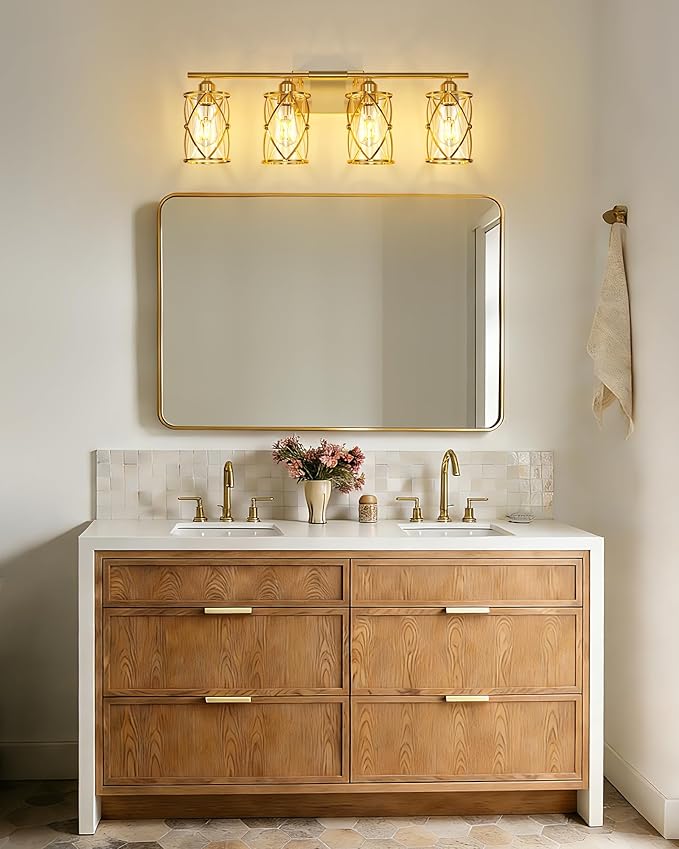 4-Light Brushed Gold Bathroom Light Fixtures, 29 Inch Modern Bathroom Vanity Lighting Fixtures Over Mirror with Clear Glass and Metal Cage Wall Sconce Lights for Bath, E26, CH9176BG-4W