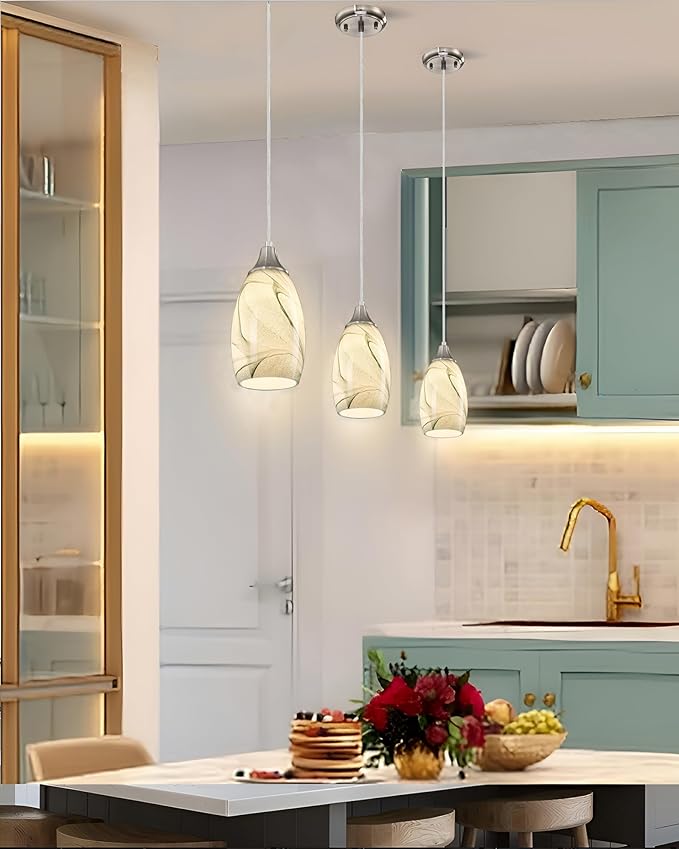 karyfine Mini Pendant Lights Kitchen Island Light Brown Glass Lamp Shade Hand Blown Glass Pendant Light with Brush Nickel Finish Adjustable Cord for Kitchen Over Sink (Green Marble-1Packs)