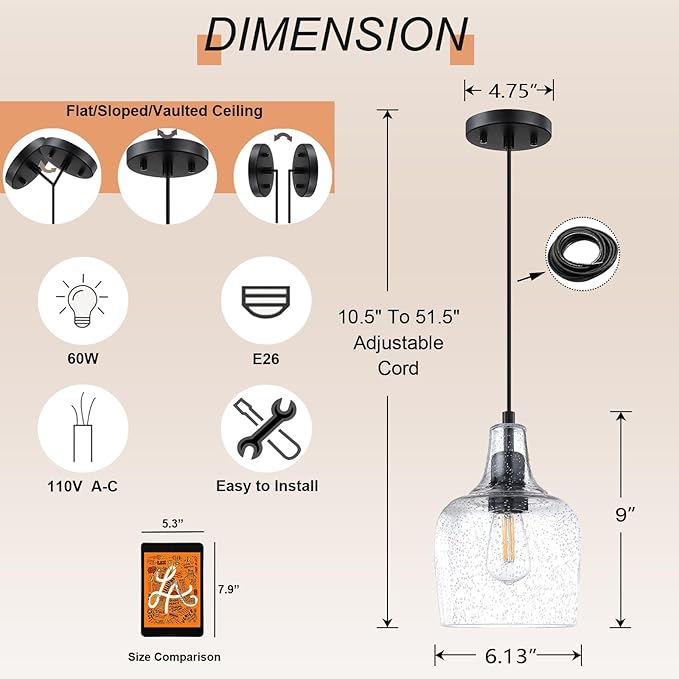 2 Pack 1 Light Indoor Hanging Kitchen Island Pendant Ceiling Light 6.1" Clear Seeded Glass Fixture,Black Finish for Farmhouse Over Sink Bedroom Hallway