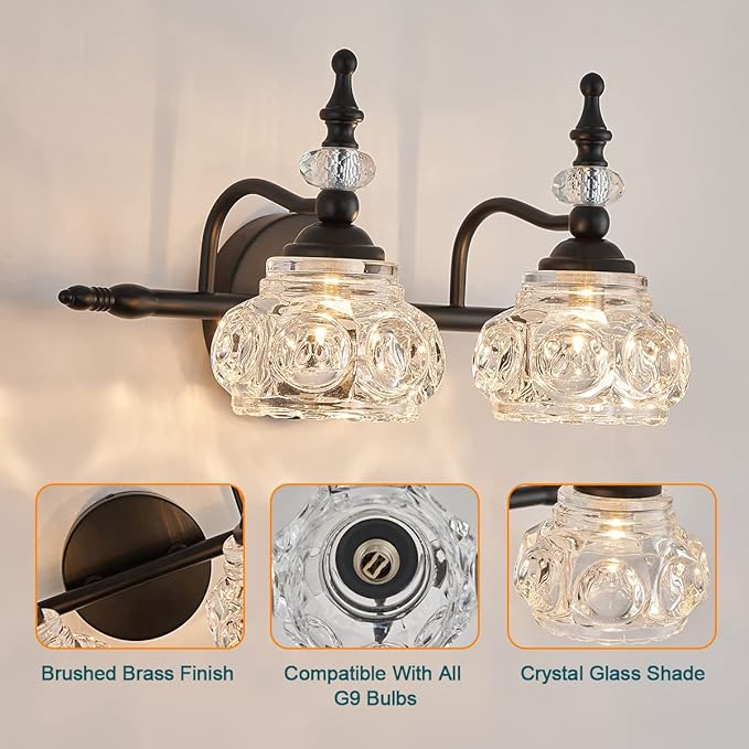 Bathroom Vanity Light Fixtures, 2-Light Vintage Crystal Wall Lights, Painted Black Surface, Thick Crystal Glass Shade, Vintage Wall Sconce for Bathroom, Bedroom, Living Room