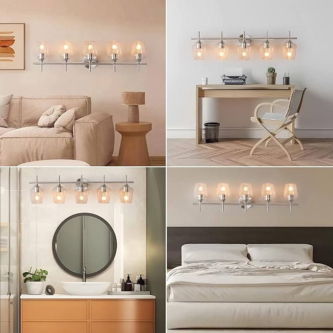 Bathroom Light Fixtures 5-Light Brushed Nickel Vanity Light with Clear Glass Shade, Modern Wall Lights for Bedroom Hallway Living Room (Nickel, 5-Light)