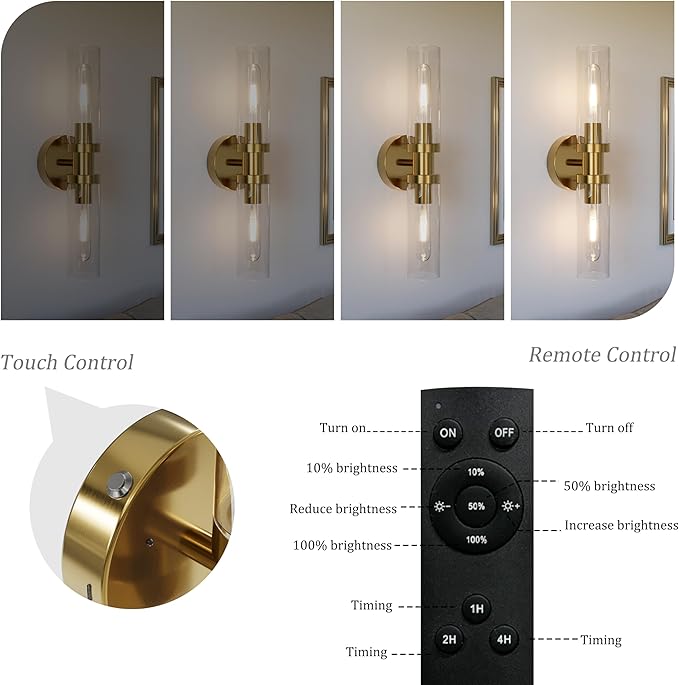 Battery Operated Wall Sconces Set of 2, Rechargeable Wireless Wall Lights Remote Control, 10000mAh Not Hardwired Timer Dimmable Wall Lamps for Living Room Bedroom Entryway Entryway Gold 16.5 Inch