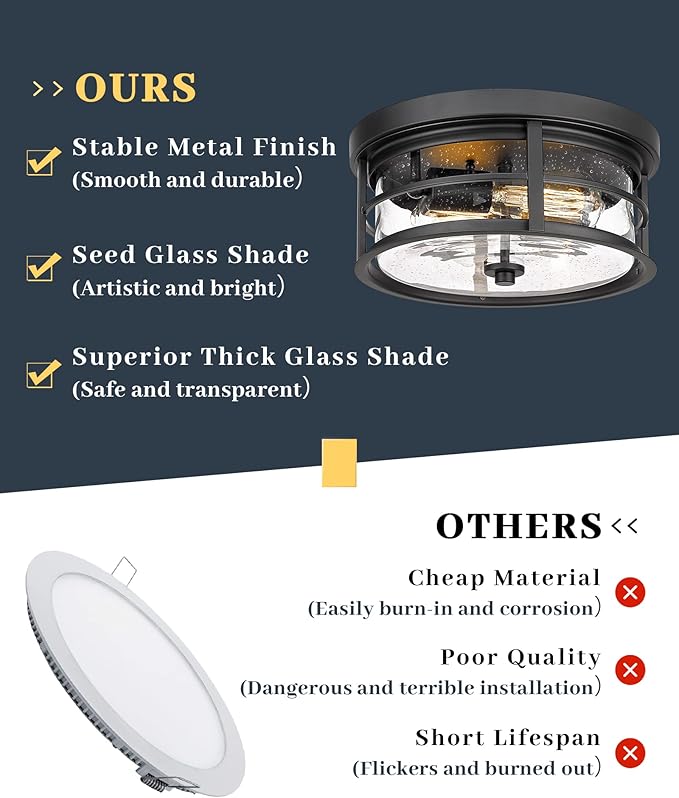 EAPUDUN Flush Mount Ceiling Light, 12inch 2-Light Metal Close to Ceiling Light Fixture, Matte Black Finish with Seed Glass Shade for Hallway Entryway Bedroom Porch