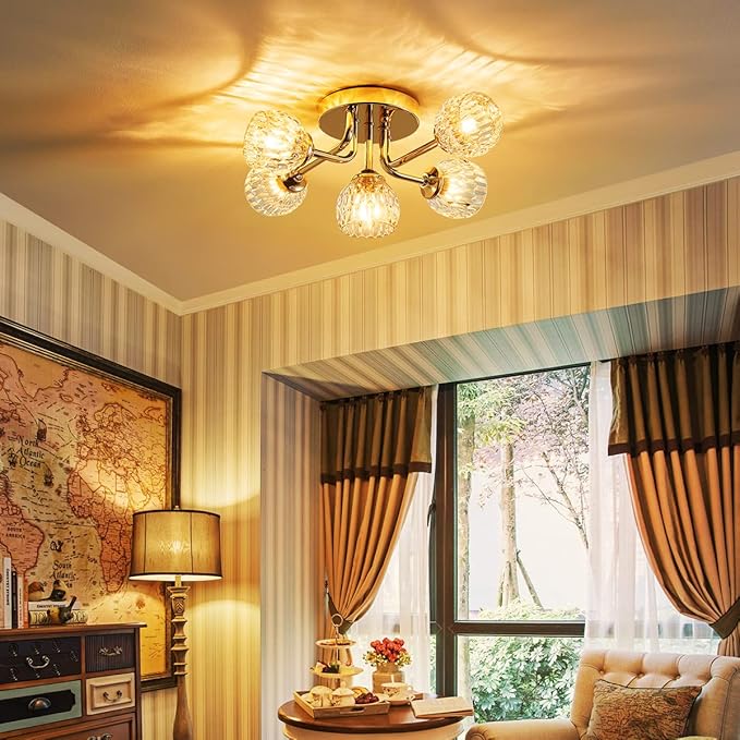 AGV LIGHTING Modern Ceiling Light, Sputnik Flush Mount Ceiling Light Fixture, G9 Base 5-Lights, D16 x H7, Clear Crystal & Shining Gold Finish Metal Frame